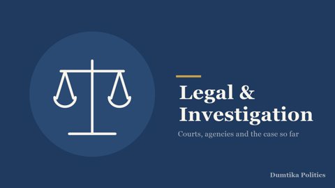 Dumtika Politics editorial graphic: Line drawing of a pair of scales, labelled Legal & Investigation