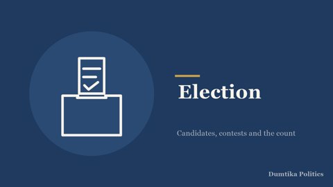 Dumtika Politics editorial graphic: Line drawing of a ballot going into a box, labelled Election